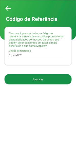 Tela do app Mapipay — passo 16: Código de referência