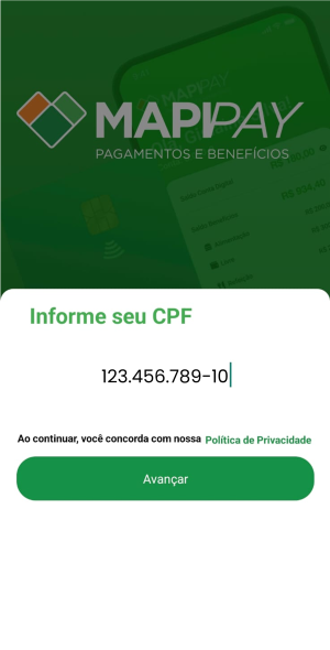 Tela do app Mapipay — passo 2: Abrir conta