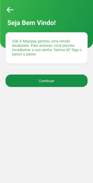 Tela do app Mapipay — passo 1: Na tela inicial, clique em esqueci a senha. clique em